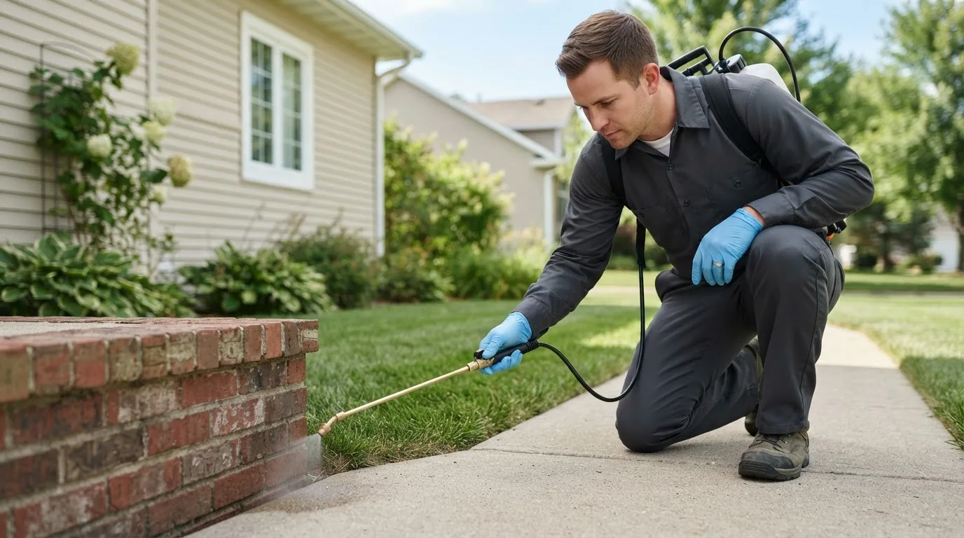 Pest control technician treating a home near Grand View, ID